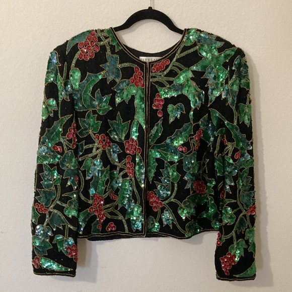 NITELINE Vintage Christmas Floral Sparkly Beaded Sequined Silk Jacket size XL - Picture 1 of 13